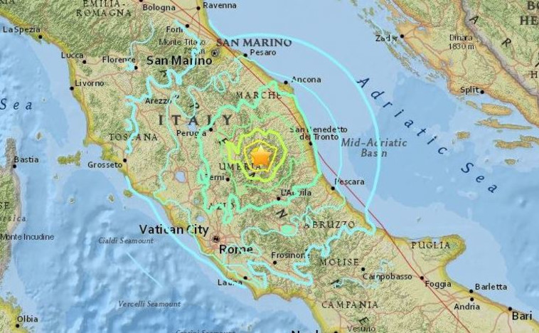 מוקד הרעידה במרכז איטליה. צילום מסך: טוויטר
