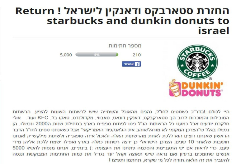 עצומה להחזרת דאנקן דונאטס וסטארבקס לארץ. צילום מסך עצומה להחזרת דאנקן דונאטס וסטארבקס לארץ. צילום מסך