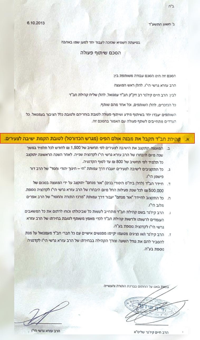 הסכם הבחירות בו הובטח אולם הספורט של מפעל הפיס, שהוסב למקום פעילות של ישיבת חב&quot;ד