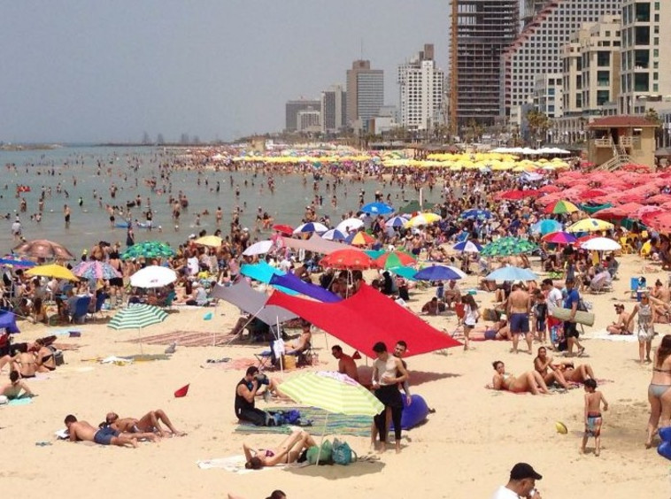 חוף בננה ביץ' בתל אביב מלא במתרחצים. צילום: אבשלום ששוני