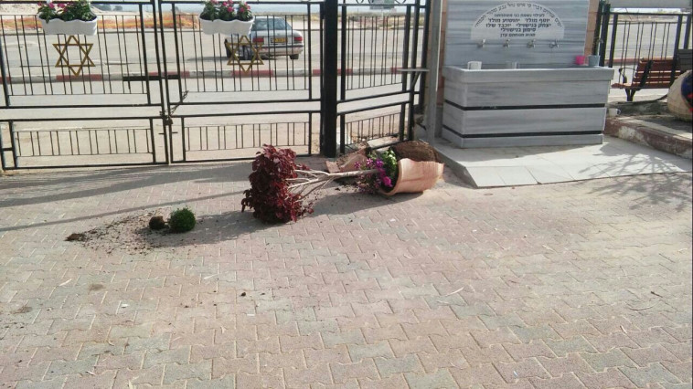 עציץ מנופץ בחלקה הצבאית בבית העלמין בקרית ביאליק