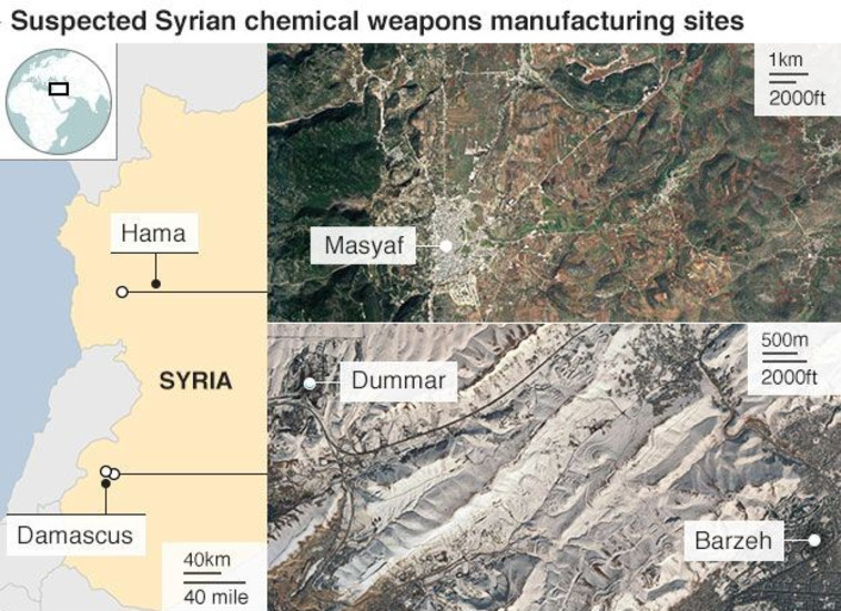 האתרים החשודים שמשמשים לייצור נשק כימי. צילום: אתר ה-BBC