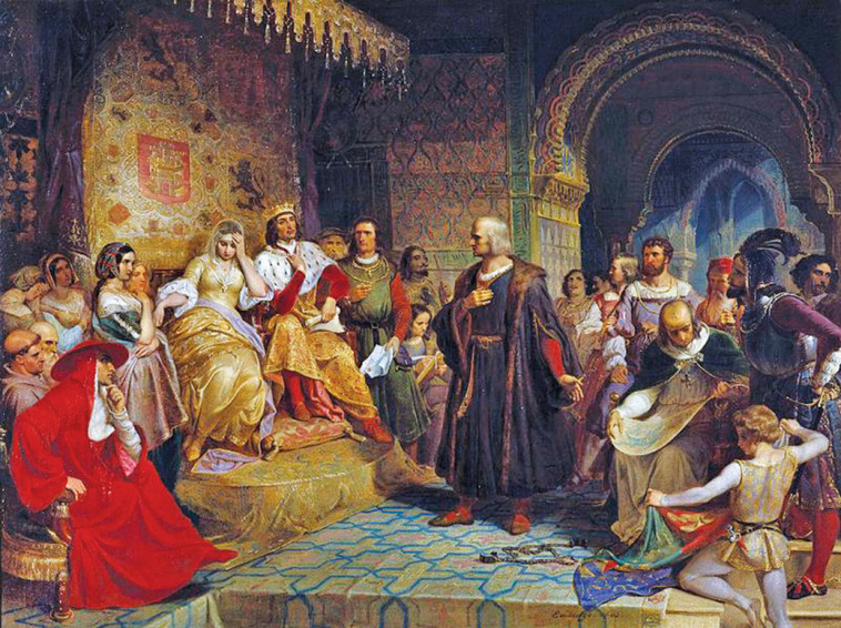 קולומבוס לפני המלכה איזבלה, ציור של עמנואל לויצה. צילום: מתוך ויקיפדיה
