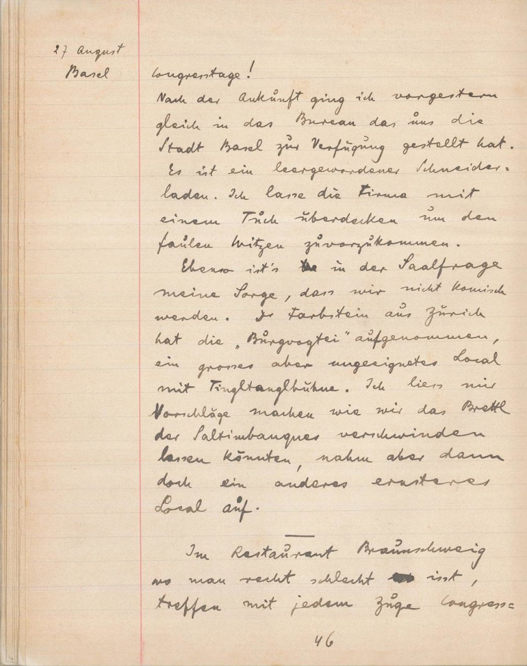 דף מיומנו של הרצל. כתב על הימים המתוחים שקדמו לקונגרס. צילום: הארכיון הציוני