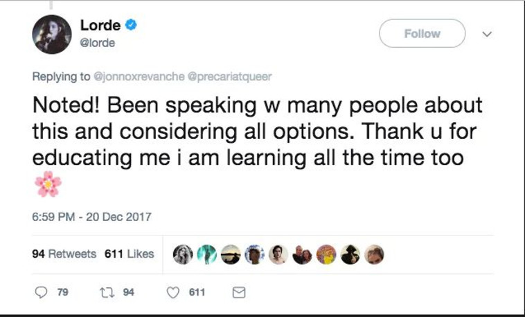 פוסט התגובה של לורד. צילום מסך טוויטר