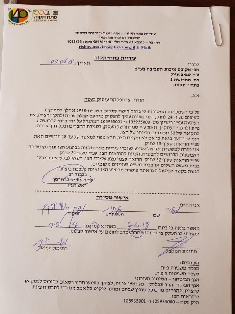 צו סגירת המפעלים בפתח תקווה