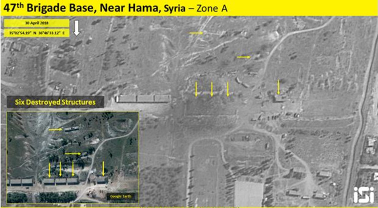 בסיס צבאי שהופצץ בחמה, סוריה. צילום: (ImageSat International: (ISI בסיס צבאי שהופצץ בחמה, סוריה. צילום: (ImageSat International: (ISI