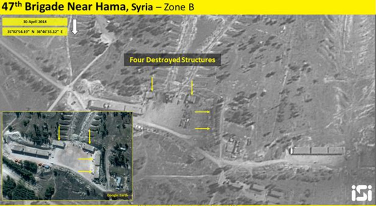 בסיס צבאי שהופצץ בחמה, סוריה. צילום: (ImageSat International: (ISI בסיס צבאי שהופצץ בחמה, סוריה. צילום: (ImageSat International: (ISI