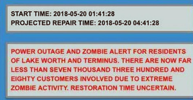 התושבים קיבלו התרעה שאין להם חשמל בגלל זומבים. ההודעה הרשמית שנשלחה 