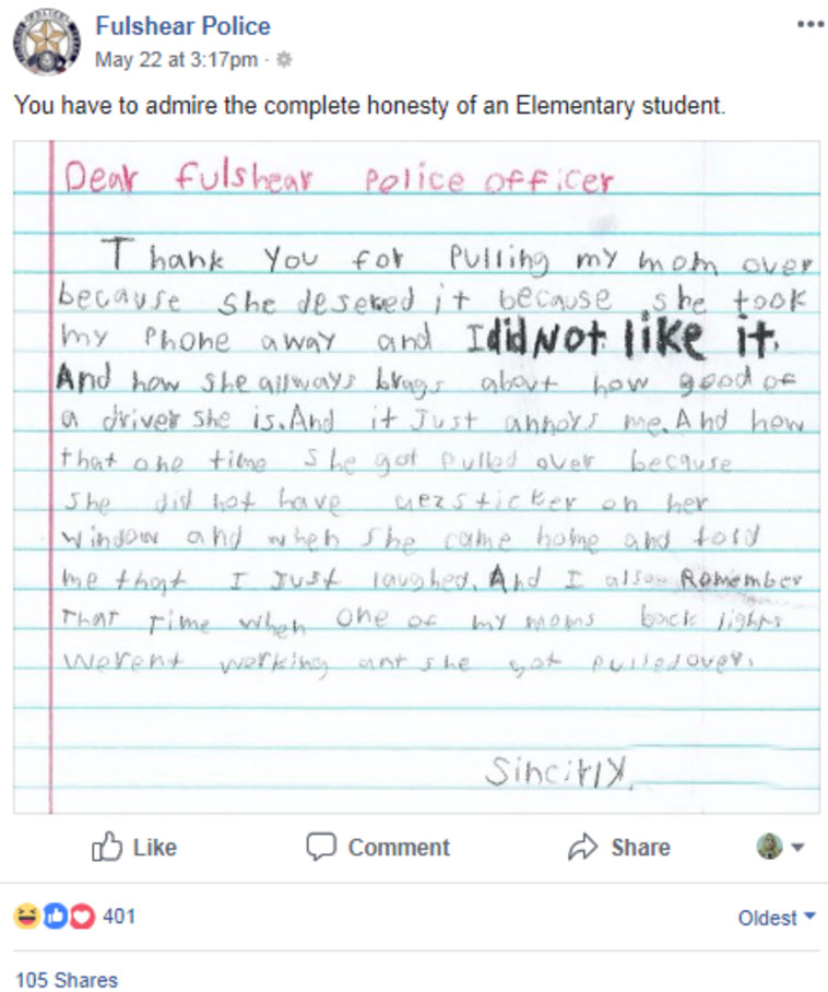  the Fulshear Police Department תודה שעצרתם את אמא שלי! מתוך דף הפייסבוק של