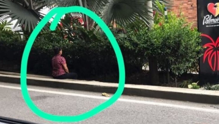 האישה מסתתרת בשיחים מול המלון. צילום: טוויטר