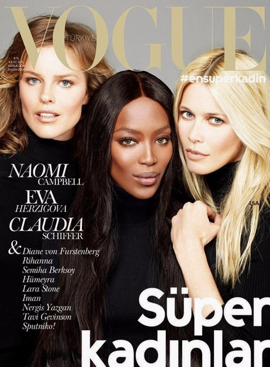 ההשראה. נעמי קמפבל, קלאודיה שיפר ואווה הרציגובה על שער Vogue (צילום מסך)