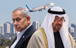 מוחמד בן זאיד, בנימין נתניהו על רקע מטוס פליי דובאי (צילום: פלאש 90,משה שי, פלאש 90,יונתן זינדל, פלאש 90,בינה מלאכותית ושיפור צילום)