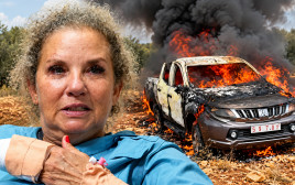 הצלמת האמריקאית על רקע המכונית השרופה ביהודה ושומרון (צילום: רויטרס,איור: מעריב אונליין,רשתות שימוש לפי סעיף 27)