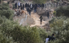 מתנחלים רעולי פנים תוקפים פלסטינים בעת מסיק הזיתים (צילום: פלאש 90)