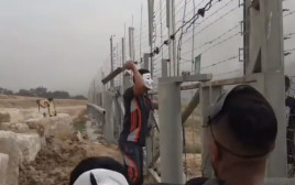 פלסטינים שוברים את גדר המערכת (צילום: צילום מסך)
