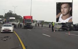 שחר רובילר וזירת התאונה בה נהרג בכביש החוף (צילום: דוברות מד"א,פייסבוק)