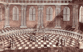 חכמי הסנהדרין יישובים בלשכת הגזית, מתוך מודל בית המקדש הראשון מהמאה ה-17 (צילום: ויקיפדיה)