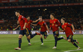 שחקני נבחרת ספרד חוגגים (צילום: רויטרס)