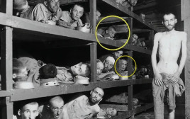 אלי ויזל (בעיגול הקטן) ונפתלי פירסט (בעיגול הגדול) במחנה בוכוואלד לאחר השחרור (צילום: באדיבות נפתלי פירסט)