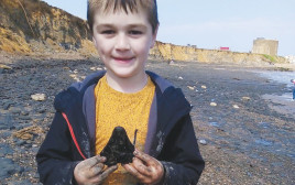 סמי שלטון בן השש שמצא שן כריש פרהיסטורי ענק (צילום: פיטר שלטון)