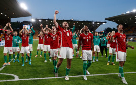 שחקני נבחרת הונגריה חוגגים ניצחון על אנגליה (צילום: GettyImages, ADRIAN DENNIS/AFP)