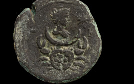 המטבע הנושא את דמותה של לונה, אלת הירח. מתחתיה מופיע סימן מזל סרטן. (צילום: דפנה גזית, רשות העתיקות)