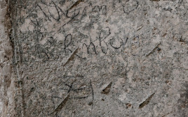 כתובת פחם הנושאת את שמו המלא ואת סמלה של משפחתו של אדריאן פון בובנברג (צילום: שי הלוי, רשות העתיקות)