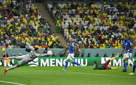 ונסו אבובקאר חלוץ נבחרת קמרון בועט לשער של ברזיל (צילום: רויטרס)