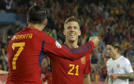 דני אולמו לצד אלברו מוראטה נבחרת ספרד (צילום: רויטרס)
