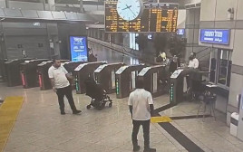 הפעוטה בעגלה לבדה באולם הנוסעים  (צילום: רכבת ישראל)
