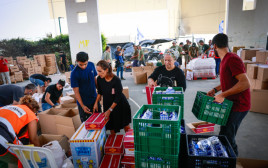 ישראלים אורזים מזון וציוד לתרומה במבצע חרבות ברזל (צילום: חיים גולדברג, פלאש 90)