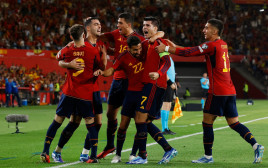 אלברו מוראטה חוגג יחד עם שחקני נבחרת ספרד (צילום: רויטרס)