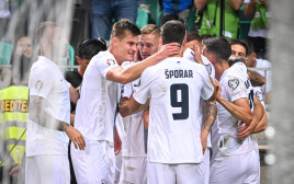שחקני נבחרת סלובניה חוגגים מול נבחרת פינלנד (צילום: GettyImages)
