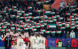 אוהדי אוסאסונה מניפים דגלי פלסטין (צילום: צילום מסך, טוויטר)