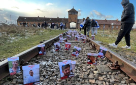 תמונות החטופים על מסילת הרכבת באושוויץ (צילום:  JROOTS)