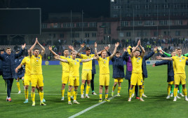 שחקני נבחרת אוקראינה חוגגים (צילום: רויטרס)