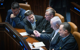סמוטריץ' ונתניהו בלחיצת יד בהצבעה על חוק הרווחים הכלואים (צילום: Flash90)