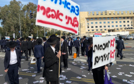 הפגנת חרדים בלשכת הגיוס בתל השומר (צילום: אבשלום ששוני)