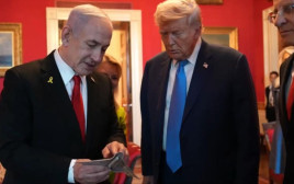 בנימין נתניהו מעניק לדונלד טראמפ את המזוזה בצורת מפציץ B-2 (צילום: ללא קרדיט)