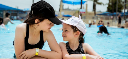 ילדות חובשות כובע בבריכה בפארק המים "ימית 2000" (צילום: סנאפ מרכז חברתי לצילום)