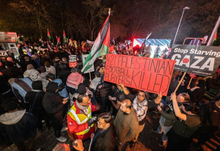 מפגינים פרו פ]לסטינים מחוץ לוילה פארק (צילום: Gettyimages)