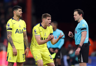 מיקי ואן דה ון, כריסטיאן רומרו שחקני טוטנהאם עם השופט דארן אינגלנד (צילום: GettyImages, Michael Steele)