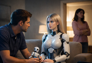 שיחה בין אדם ורובוט אנושי (צילום: AI)