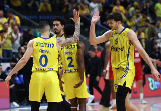 רומן סורקין ושחקני מכבי תל אביב (צילום: דני מרון)