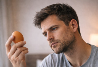 גבר אוחז בביצה (צילום: AI)
