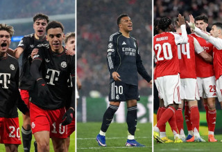 שחקני ארסנל ובאיירן חוגגים, אמבפה מאוכזב (צילום: עיבוד תמונה, GETTY)