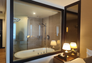 חדר מלון עם זכוכית לחדר האמבטיה  (צילום: שאטרסטוק)