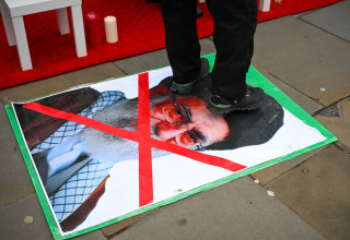 אדם דורך על תמונתו של מנהיג איראן, עלי חמינאי (צילום: GettyImages, Finnbarr Webster)