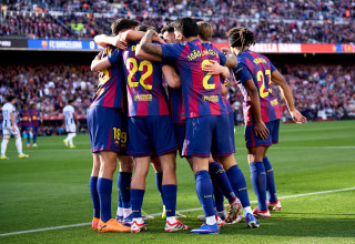 שחקני ברצלונה חוגגים (צילום: GettyImages, Quality Sport Images)